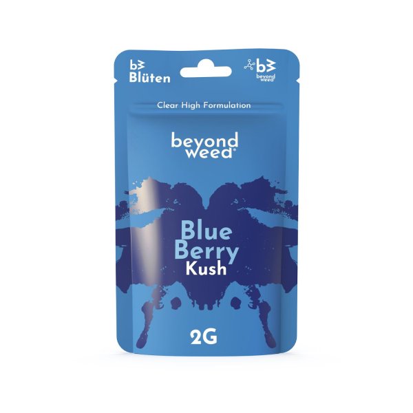 Beyond Weed B3 Blüten Blue Berry Kush 2 g, blaue Verpackung mit dunkelblauem Aufdruck