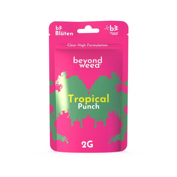 Beyond Weed B3 Blüten Tropical Punch 2 g, pinke Verpackung mit grünem Aufdruck