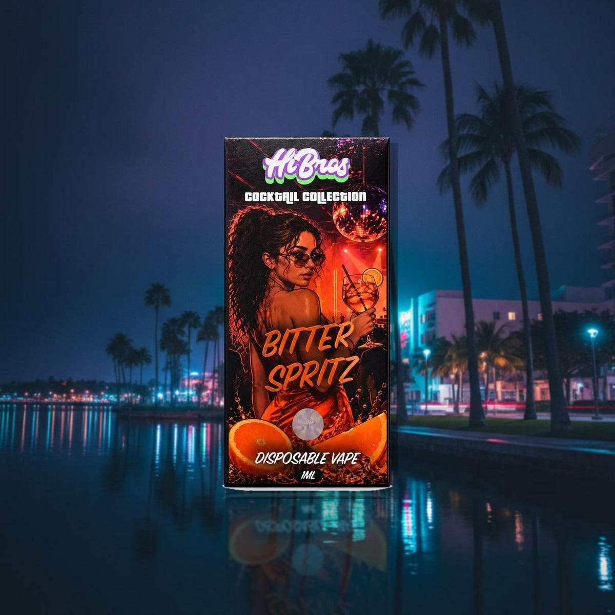 Cocktail Vape Bitter Spritz vor nächtlicher Palmenpromenade