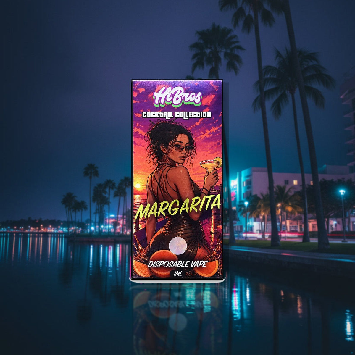 Cocktail Vape Margarita vor nächtlicher Palmenpromenade