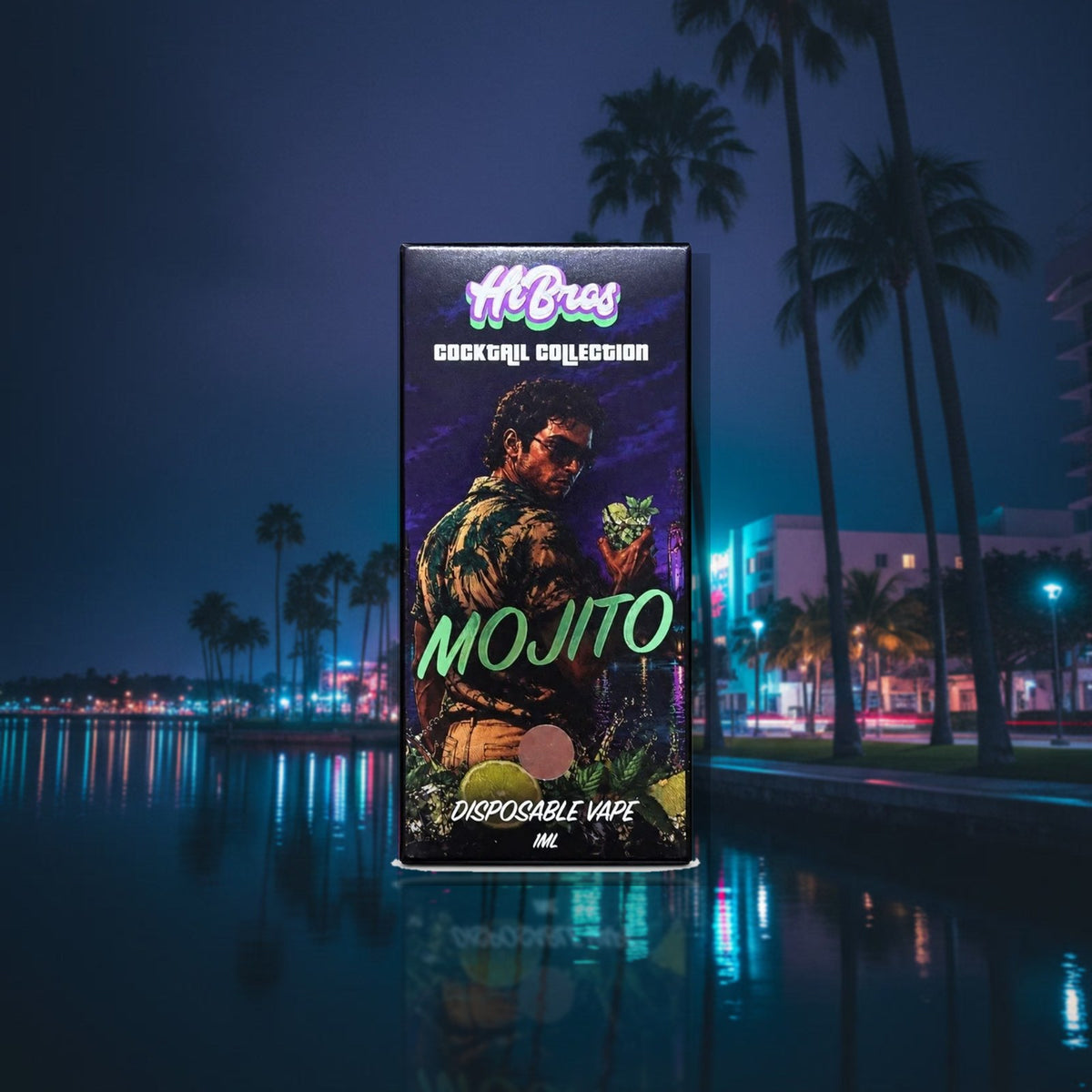 Cocktail Vape Mojito vor nächtlicher Palmenpromenade