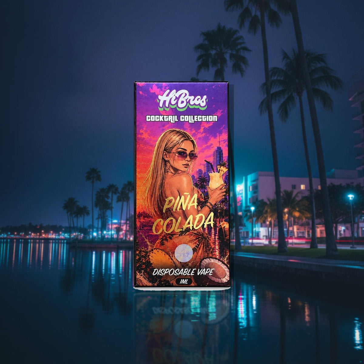 Cocktail Vape Piña Colada vor nächtlicher Palmenpromenade