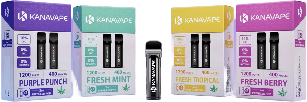 Kanavape CBD Pods in vier Sorten: Purple Punch, Fresh Mint, Fresh Tropical, Fresh Berry